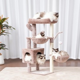 Heybly Cat Tree, 39.4 Inches Tower Condo with Scratching Post, Cat Tower for Indoor Cats, Fully Wrapped Sisal Pole, Soft Platform, 2 Baskets and Dangling Toy, Muchroom HCT006SMU