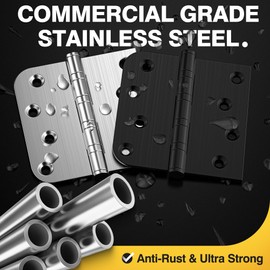 KOLET Ball Bearing Door Hinges, 4 x 4 Inches Door Hinges, Square and 5/8'' Radius Corner, Heavy Duty Stainless Steel Hinges, Smooth and Quiet, Non Removable Pin, Matte Black, 3 Pack
