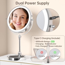 DRIVESLIM 9" Makeup Mirror with Lights and Magnification 10x/1x,4000mah Rechargeable Magnifying Vanity Mirror with Lights,Height Adjustable Make Up Mirror with Lighting,2-Sided Travel Desk Mirror