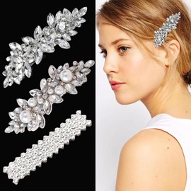 BOYIVI 3PCS Rhinestone Hair Clips Flower Hair Barrettes Crystal Pearl French Hairpins Hair Clip Wedding Accessories for Women Girls Bridal Hair Accessories (Silver)
