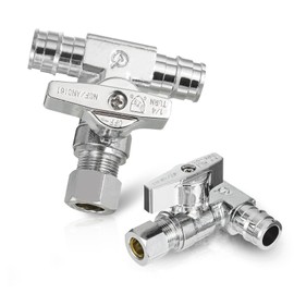 (Pack of 2) Seelink 1/4 Turn Stop Tee Compression Stop Valve, 1/2" Pex-a x 1/2" Pex-a x 3/8" OD Compression, Chrome Plated Brass(VALVE132)