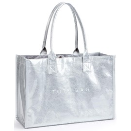 KALIDI PVC Tote Bag Women’s Kraft Paper Work Handbags Purses with Top Handle,Silver