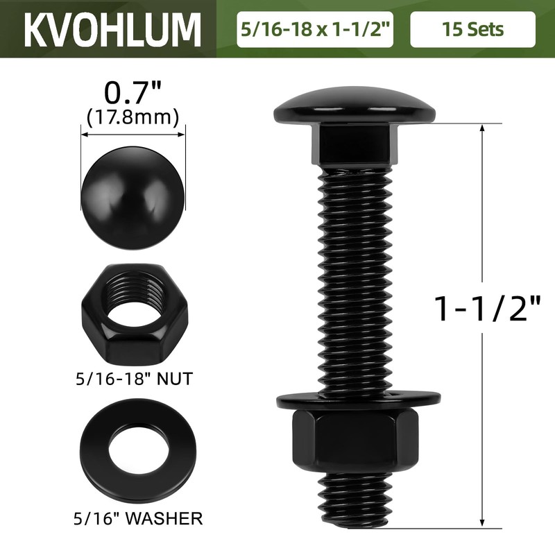 15 Sets 5/16-18 x 1-1/2" Carriage Bolt Kit, Round Head