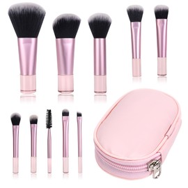 Mini Makeup Brush Set, 10-Piece Make Up Brush Set, Travel Brush Set Makeup with PU Bag, Cosmetic Brush Set, Portable Makeup Brush Sets for Business Trips, Holidays, Camping (Pink)