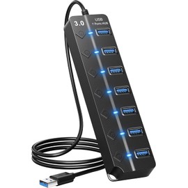 Yostyle Hub USB 3.0, 7 Puertos Multi USB 3.0 Hub con Interruptor de Encendido/Apagado Individual, Hub de Datos de Expansión Portátil para Ratón, Teclado, Disco Duro y Más