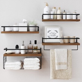 LUDORU Wood Floating Shelves Wall Mounted - 4+1 Tier Rustic Bathroom Wall Shelves Over Toilet with Wire Storage Basket and Towel Bar, Set of 4 Farmhouse Floating Shelf for Bathroom, Kitchen, Bedroom.