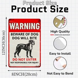 MUYIASER Warning Beware Of Dog Sign Dog Will Bite Boxer Aluminum Metal Tin Signs Outdoor Yard Sign Warning Sign For Fence Yard Home Kitchen Farm Garden Wall Decor 8x12 Inch