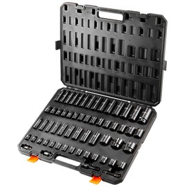 VEVOR Impact Socket Set 3/8" & 1/2" Socket Set 59PCS SAE 5/16" to 1-1/4" and Metric 6-32mm, 6 Point Cr-Mo Alloy Steel for Auto Repair, Easy-to-Read Markings, Rugged Construction, Storage Case