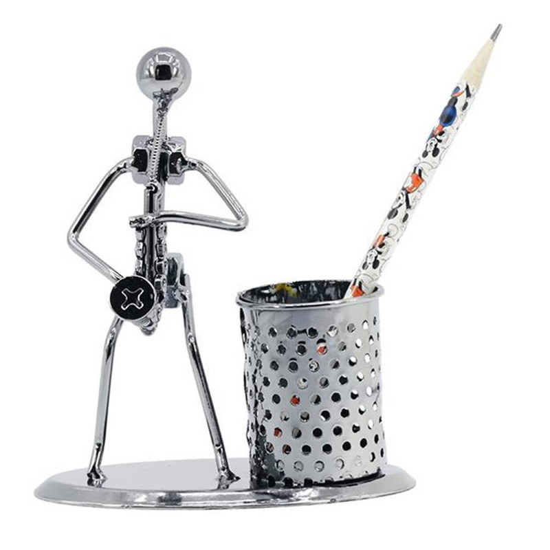 Metal Art Pen Pencil Holder Iron Saxophone Man Music Figure