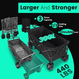 Sekey 48''L Collapsible Foldable Extended Wagon with 440lbs Weight Capacity, Heavy Duty 300L Folding Utility Garden Cart with Big All-Terrain Beach Wheels & Drink Holders. Black