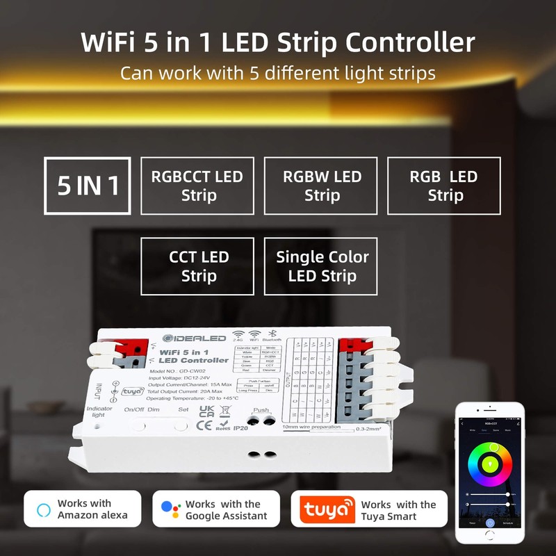 Smart 5-in-1 WiFi LED Controller RGBWW, Intelligent Wireless Controller for
