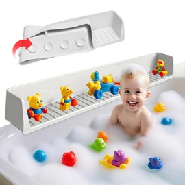 Funnydin Splash Guard for Bathtub - 2.6FT Bathtub Splash Guard for Tub Kids with 11 Suction Cups, Bathtub Play Shelf & Toy Holder, Prevents Water Spills No-Leak, Easy to Clean, Light Grey