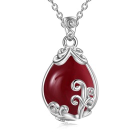 POPLYKE Sterling Silver Garnet Filigree Teardrop Pendant Necklace Red Gemstone Crystal Jewelry for Women