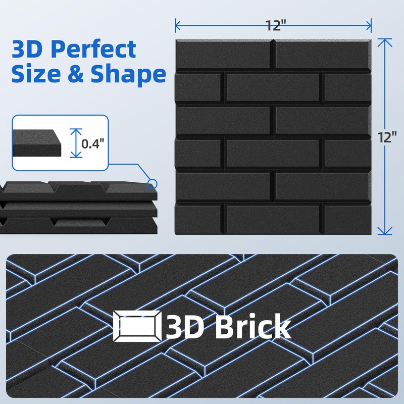 12 Pack Acoustic Panels with Self Adhesive, 12" X 12"