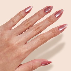 VSALON Short Almond Press-On Nails - Pink Cat Eye 3D Chrome Design, Reusable Fake Nails with Nail Glue, Protector Cuticle Oil, Easy Tabs & Mini Nail File - 32 PCS in 16 Sizes (Belle Ailes)