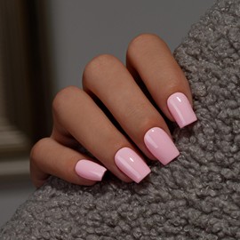 KQueenest Press on Nails Kurz Mittel – Sheer Hell Baby Rosa Nägel zum Aufkleben mit Kleber, Einfarbig Eckig Fake Nails Pink, Sarg Künstliche Nägel Set für Frauen & Mädchen, 28 Stück