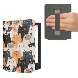 kwmobile Flip Case Compatible with Pocketbook Verse/Verse Pro/Verse Color/Vivlio Light/Light HD Case - Flip Case for eReader with Hand Strap - Cats Orange Black White