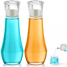 VITVITI Glass Mouthwash Dispenser for Bathroom, 8.8OZ Mouth Wash Container Bottle with Lid Cup, Small Clear Refillable Mouthwash Dispenser Decanter for Countertop, Set of 2