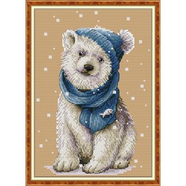 Stitchmelody Stamped Cross Stitch Kits,11CT Printed Pattern Embroidery Set Cross-Stitch Kit DMC Threads-White Bear 9.5''X13.4''