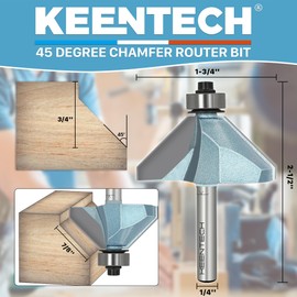 KEENTECH Router Bits, Carbide Tipped 45 Degree Chamfer Router Bit for Edge Forming, Industrial Grade Blue Cutting Tools for Woodworking (1/4 Inch Shank x 7/8 Inch Bevel x 3/4 Inch Depth, KT02031404)
