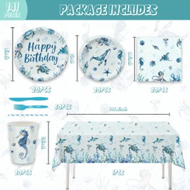 141Pcs Under the Sea Party Supplies for Ocean Theme Birthday Party Decorations Disposable Tableware Set Inculde Plates Napkins Knives Forks Straws Cup and Tablecloth