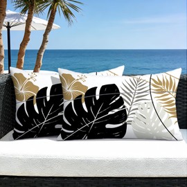 OTOSTAR Outdoor Waterproof Throw Pillow Covers 16x24 Inch Set of 2 Double-Sided Black Brown Grey Tropical Leaf and Flower Spring Summer Decorative Pillow Cases for Patio Funiture Garden Balcony Couch