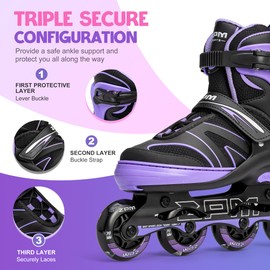 2PM SPORTS Kids Adjustable Inline Skates Ages 4-12, Youth Inlie Skates for Girls Boys 5-8 8-12 with Full Light Up Wheels, Beginner Women Men Adult Skates - Purple Small