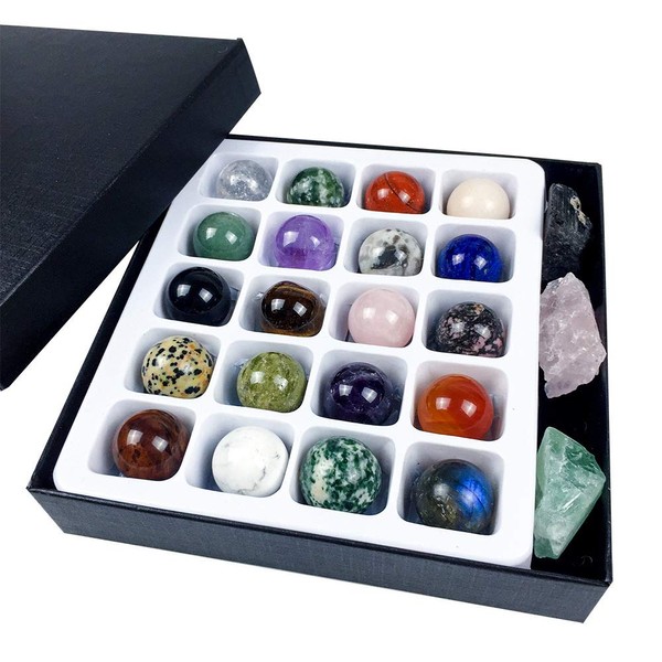 Nuote Crystal Gift Kit for Chakra Balancing Therapy Crystal Sphere Ball Chakra Stones Kit Amethyst Rose Quartz Stone 20pcs Diameter 20MM Healing Energy Raw Crystal Rock Collection with Gift Box