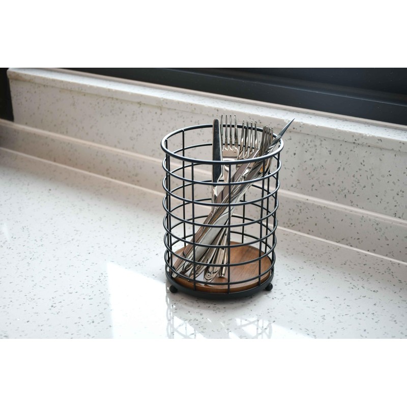 Eden & Willow Rustic Metal Cutlery Holder Basket with Wooden
