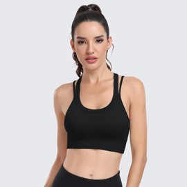 WANAYOU Womens Sports Bras, Cute Criss-Cross Back Strappy Padded Sports Bras Padded Medium Support Yoga Bra with Removable Cups Ribbed Wireless Workout Running Gym Fitness Bras 3 Pack