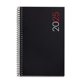 Miquelrius - 2025 Diary, Yearly Diary 117 x 182 mm, Day Page Agenda, Flexible Polypropylene Cover, Spiral, Paper 80 g/m², Spanish, English and Portuguese, Black