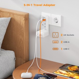 UK to European Travel Plug Adapter, TESSAN Grounded EU Euro Europe Travel Adapter with 3 USB（1 USB C）, European Adaptor Multi Plug Outlet for Spain France Iceland Germany Greece Poland (Type E/F)