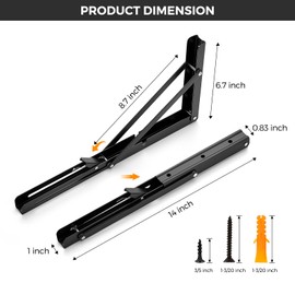 JOY DECOR 14 Inch Heavy Duty Folding Shelf Brackets, 2 Pack (1 Pair) Collapsible Wall Mounted Brackets for Fold Down Table, Stainless Steel Folding Table Hinge, Matte Black