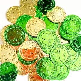 Lippbest St Patrick's Day Gold and Green Lucky Coins - 120 Pcs Plastic Shamrock Leprechaun Coins for Irish Party Table Decorations