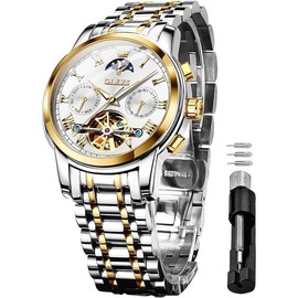 OLEVS Watch OLEVS Mens Automatic Watches Skeleton Tourbillon Mechanical Self Winding Luxury Dress Wrist Watch Moon Phase Day Date Waterproof Luminous Watch Gifts - Color: 6617: two tone strap & white dial