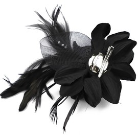 Women's Fascinator Feather Flower Hair Clip Pin Brooch Corsage Bridal Hairband Derby Hat Cocktail Party Wedding (Dark Black)