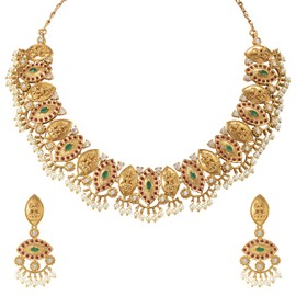 Aheli Temple Jewellery Indian Laxmi Goddess Wedding Wear Faux Stone Studded Floral Design Crafted Necklace Earrings Set Ethnic Fashion Jewelry Gift for Women (Red-Green Godess Laxmi Choker)