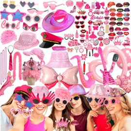 Bulk Premium Hot Pink Funny Photo Booth Props Set for Women, Cute Hot Pink Hats, Glasses, Wig, Inflatable Props, PhtotBooth Props Kit for Girls Bachelorette, Wedding, Bridal Shower and All Occasions