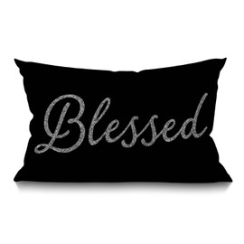 BGBDEIA Inspirational Blessed Words Waist Lumbar Black Cotton Linen Cushion Cover Throw Pillow case for Sofa Home Decorative Oblong 12"x20" 30 x 50 cm