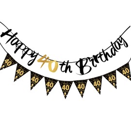 40th Birthday Decorations,Happy 40th Birthday Banners Black And Gold Party Decoration Bday Banner Bunting Ceiling Fortylicious Topper Paper Backdrop Party Decs for Him Boy Girls Men Women Friends