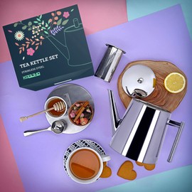 Stainless Steel Teapot with Strainer Insert Set, Large Metal Tea Pot with Strainer Teaspoon Coaster in Gift Box, Gift for Women Men Tea Lovers, Tea Strainer Tea Box Teapot Tea Pot Box