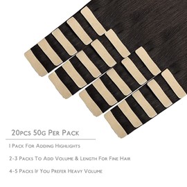 WENNALIFE Tape-in Extensions, Real Hair, Set of 20, 50 g, 45 cm/18 Inches, Dark Brown to Chestnut Brown and Dirty Blonde Highlights, Remy, Invisible Tape, Silky Straight, Skin Weft Tape Ins