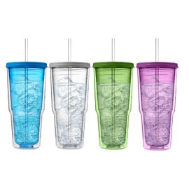Arrow Home Products 24 oz Plastic Double Wall Tumbler w/Straw & Lid, 4 Pack - Made in USA, BPA Free - Iced Coffee Tumbler Cups - Cupholder Friendly, Dishwasher Safe - Clear, Blue, Purple, Green