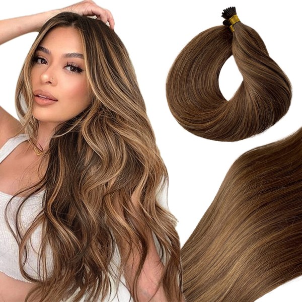 Keratin Itip Hair Extensions, Balayage Brown with Blonde Pre Bonded I Tip Hair Extensions 50 Grams 100 Strands Ombre Colored Stick Tip Human Hair Extensions 12 Inch