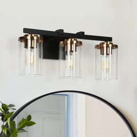 ZEVNI Bathroom Light Fixtures, Black and Gold Vanity Lights, Modern 3-Light Bathroom Lighting with Cylindrical Glass Shades, L 20" x W 6.5" x H 8.5"