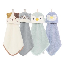 Dekori Hand Towel with Loop, Cute Animal Characters, Stylish Embroidery Design, Made of Coral Fleece, Absorbent and Quick Drying, For Kids, Girls, Boys, Fluffy, Hot Towel Set, For Home, Kitchen,