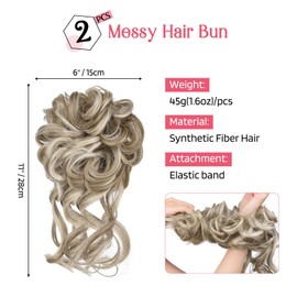 HOOJIH 2PCS Messy Bun Hair Piece, Tousled Updo with Tendrils Hair Bun Extensions Wavy Curly Hair Wrap Ponytail Hairpieces for Women HB010 Dasiy - Hazelnut Blonde with Platinum Blonde Highlights