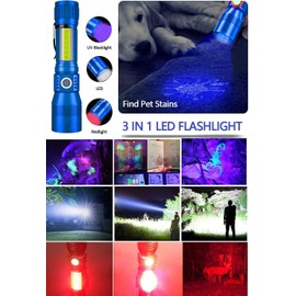Black Light UV Flashlight Rechargeable, 3in1 Super Bright Tactical Flashlights LED UV Black Light &Redlight, 1500Lumen 7Modes, Zoomable, Waterproof Pocket Flashlight for Pet Stains Detection,Camping