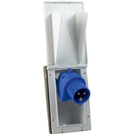 as - Schwabe Camping CEE Caravan Power Plug - 230V/16A/3-Pin - Flange Size 163 x 102 mm - Camping Attachment Plug for Caravans - with Hinged Lid - IP44 - Made in Germany - White, 61463