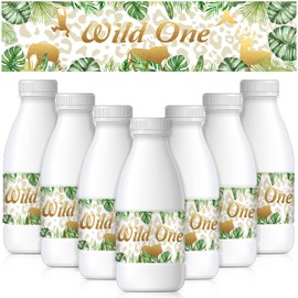48 Pieces Wild One Water Bottle Sticker Greenery Jungle Animals Favor Stickers Jungle Themed Water Bottle Labels for Wild One Themed Birthday Party Decorations (8.27 x 1.97 inch)